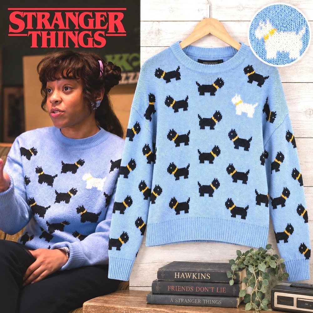 No Boundaries Stranger Things Erica Scottie Dog Sweater Blue sz Small